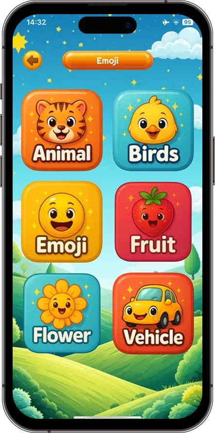 Dottify emoji category screen showing Animal, Birds, Fruit, Flower, Vehicle subcategories